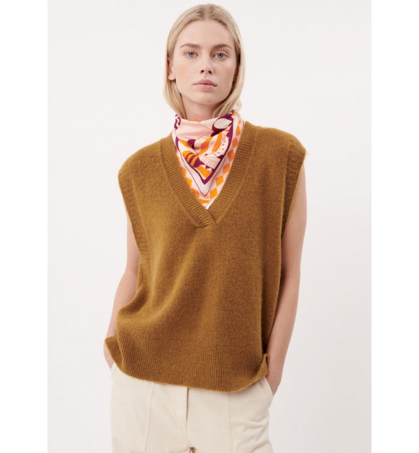 Chaleco Punto Mujer Naranja con Cuello Alto, THE-ARE